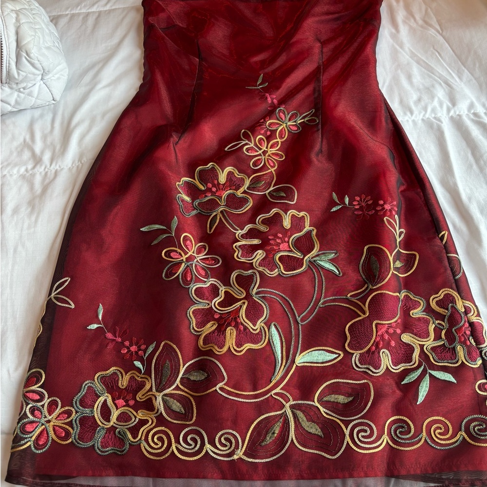 Strapless Burgundy Floral Dress